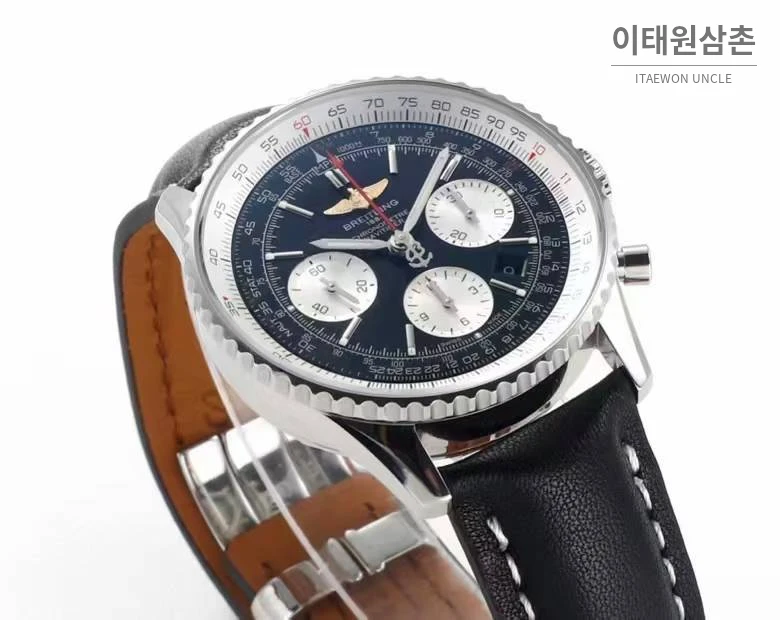 브라이틀링 내비타이머1 B01 스틸 슬라이드룰베젤 크로노그래프 오토매틱 43mm 네이비 다이얼 블랙 가죽 스트랩 (2)