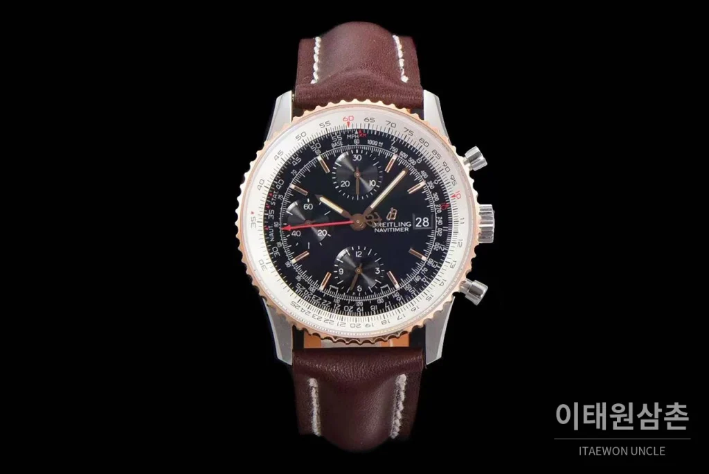 브라이틀링 내비타이머 1 스틸 블랙다이얼 크로노그래프 오토매틱 41mm 브라운 가죽 스트랩 로즈골드 베젤