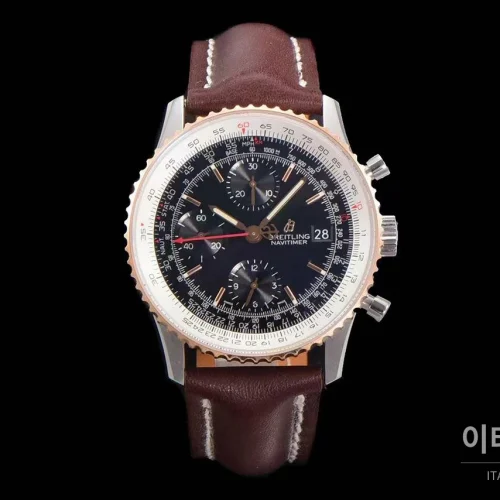 브라이틀링 내비타이머 1 스틸 블랙다이얼 크로노그래프 오토매틱 41mm 브라운 가죽 스트랩 로즈골드 베젤