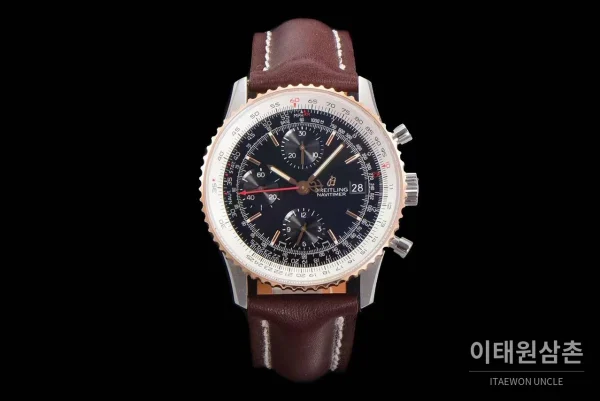브라이틀링 내비타이머 1 스틸 블랙다이얼 크로노그래프 오토매틱 41mm 브라운 가죽 스트랩 로즈골드 베젤
