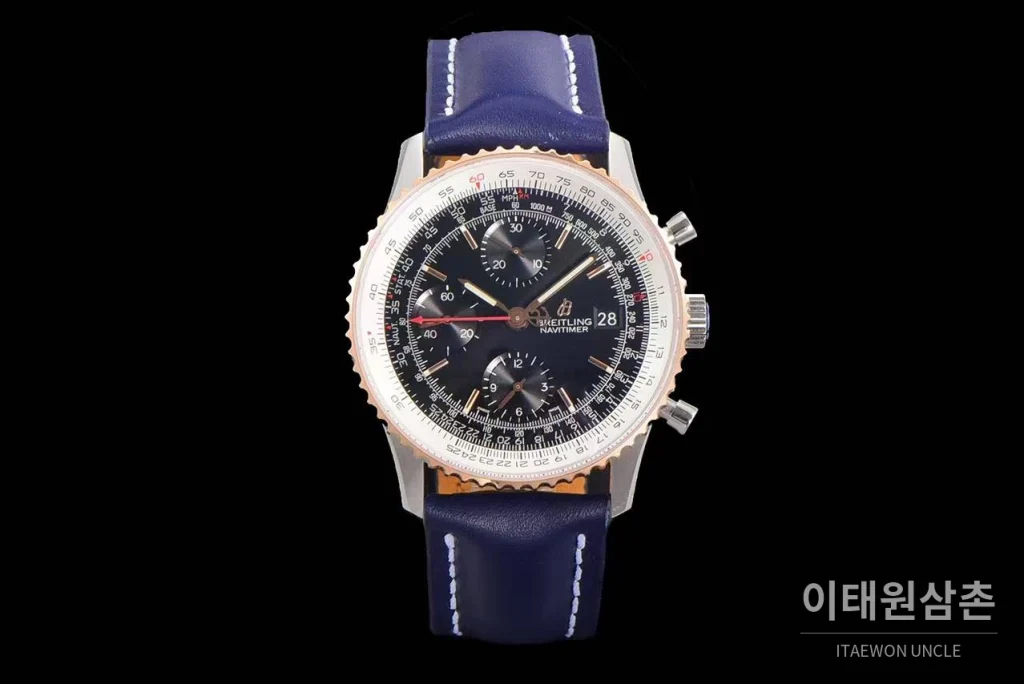 브라이틀링 내비타이머 1 스틸 블랙다이얼 크로노그래프 오토매틱 41mm 네이비 가죽 스트랩 로즈골드 베젤