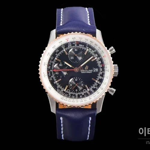 브라이틀링 내비타이머 1 스틸 블랙다이얼 크로노그래프 오토매틱 41mm 네이비 가죽 스트랩 로즈골드 베젤