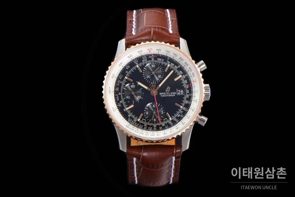 브라이틀링 내비타이머 1 스틸 블랙다이얼 크로노그래프 오토매틱 41mm 브라운 가죽 스트랩 로즈골드 베젤 (2)