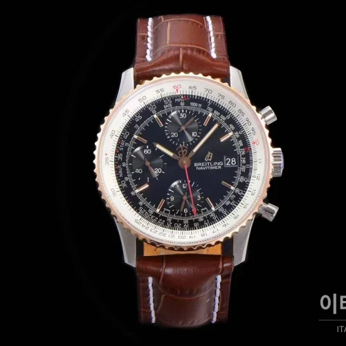 브라이틀링 내비타이머 1 스틸 블랙다이얼 크로노그래프 오토매틱 41mm 브라운 가죽 스트랩 로즈골드 베젤 (2)