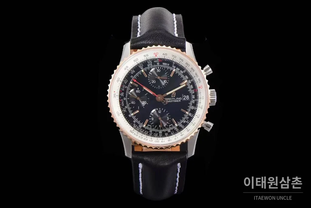 브라이틀링 내비타이머 1 스틸 블랙다이얼 크로노그래프 오토매틱 41mm 블랙 가죽 스트랩 로즈골드 베젤