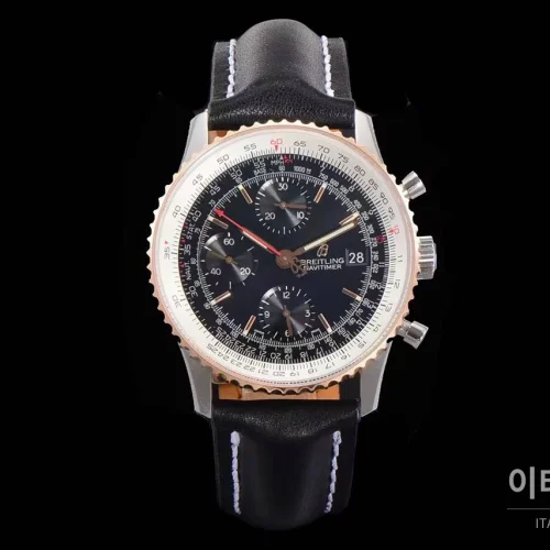 브라이틀링 내비타이머 1 스틸 블랙다이얼 크로노그래프 오토매틱 41mm 블랙 가죽 스트랩 로즈골드 베젤
