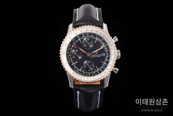 브라이틀링 내비타이머 1 스틸 블랙다이얼 크로노그래프 오토매틱 41mm 블랙 가죽 스트랩 로즈골드 베젤