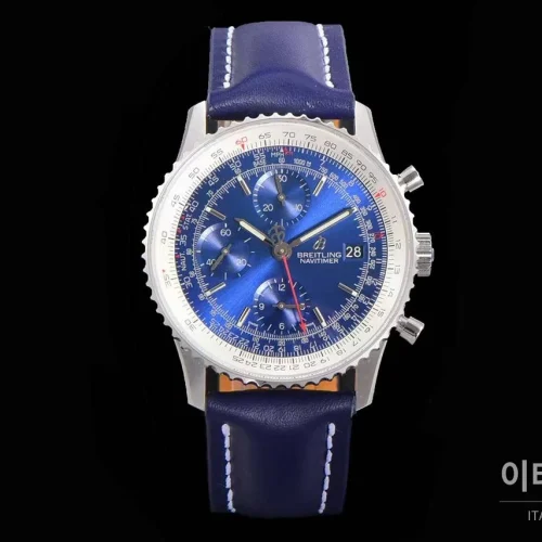 브라이틀링 내비타이머 1 스틸 블랙다이얼 크로노그래프 오토매틱 41mm 네이비 가죽 스트랩 실버 베젤