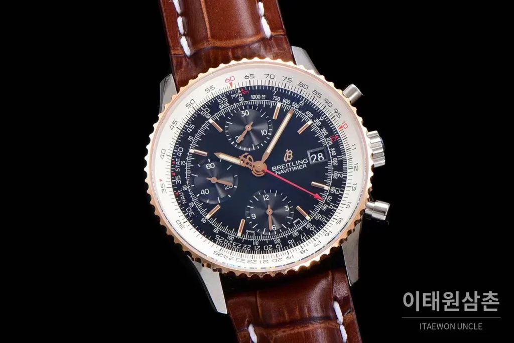 브라이틀링 내비타이머 1 스틸 블랙다이얼 크로노그래프 오토매틱 41mm 브라운 가죽 스트랩 로즈골드 베젤 (2)