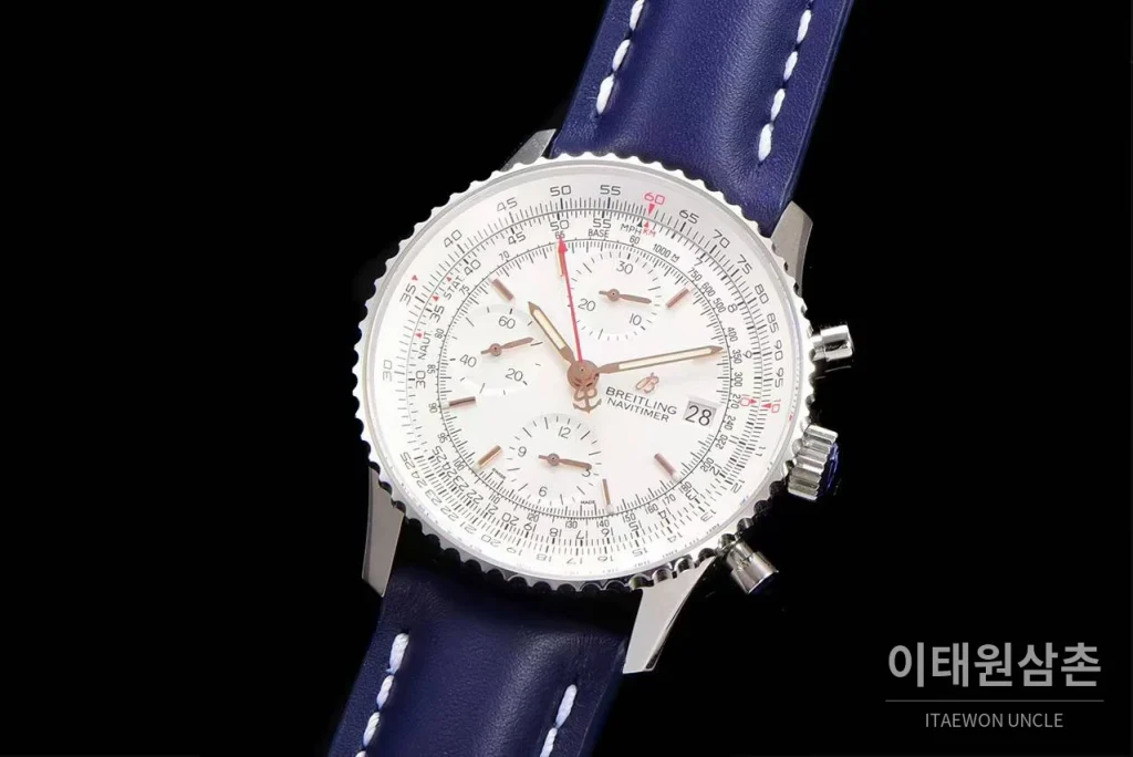 브라이틀링 내비타이머 1 스틸 블랙다이얼 크로노그래프 오토매틱 41mm 네이비 가죽 스트랩 실버 베젤 (2)