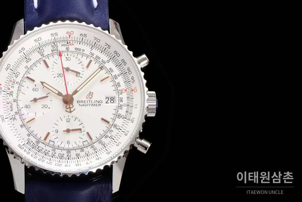 브라이틀링 내비타이머 1 스틸 블랙다이얼 크로노그래프 오토매틱 41mm 네이비 가죽 스트랩 실버 베젤 (2)