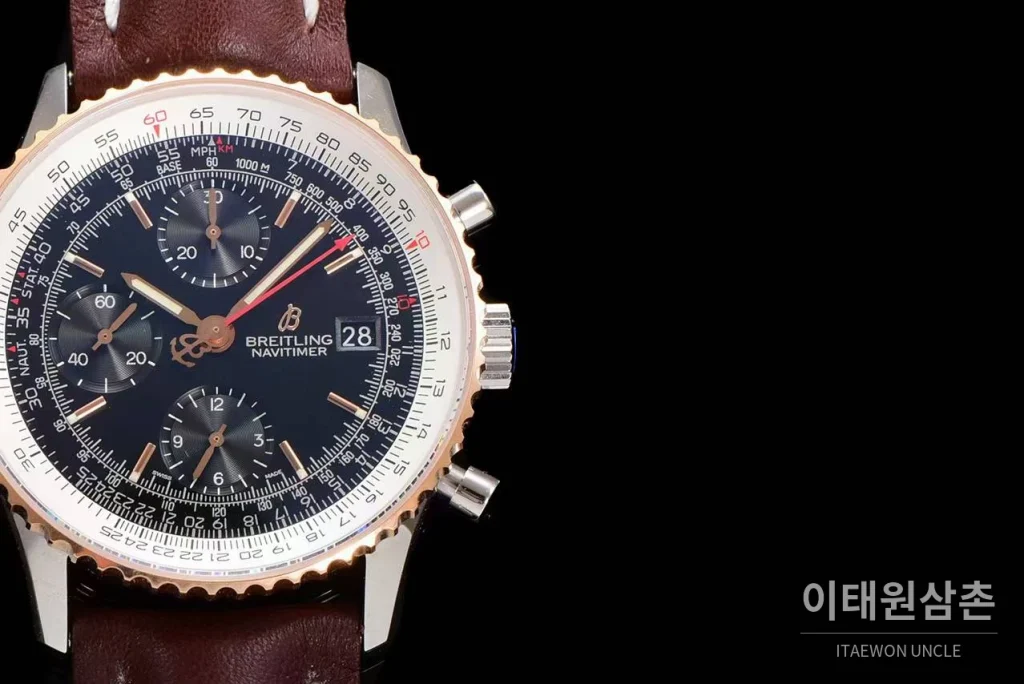 브라이틀링 내비타이머 1 스틸 블랙다이얼 크로노그래프 오토매틱 41mm 브라운 가죽 스트랩 로즈골드 베젤