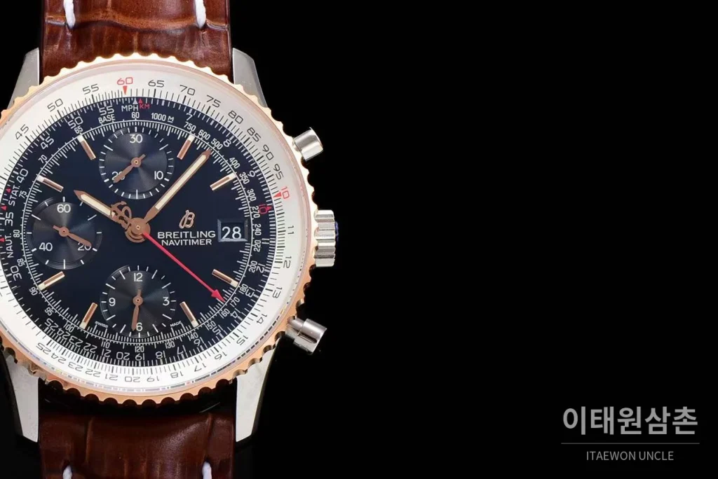브라이틀링 내비타이머 1 스틸 블랙다이얼 크로노그래프 오토매틱 41mm 브라운 가죽 스트랩 로즈골드 베젤 (2)