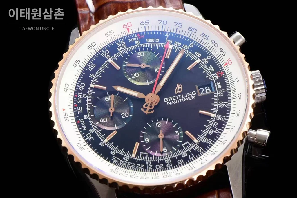 브라이틀링 내비타이머 1 스틸 블랙다이얼 크로노그래프 오토매틱 41mm 브라운 가죽 스트랩 로즈골드 베젤 (2)