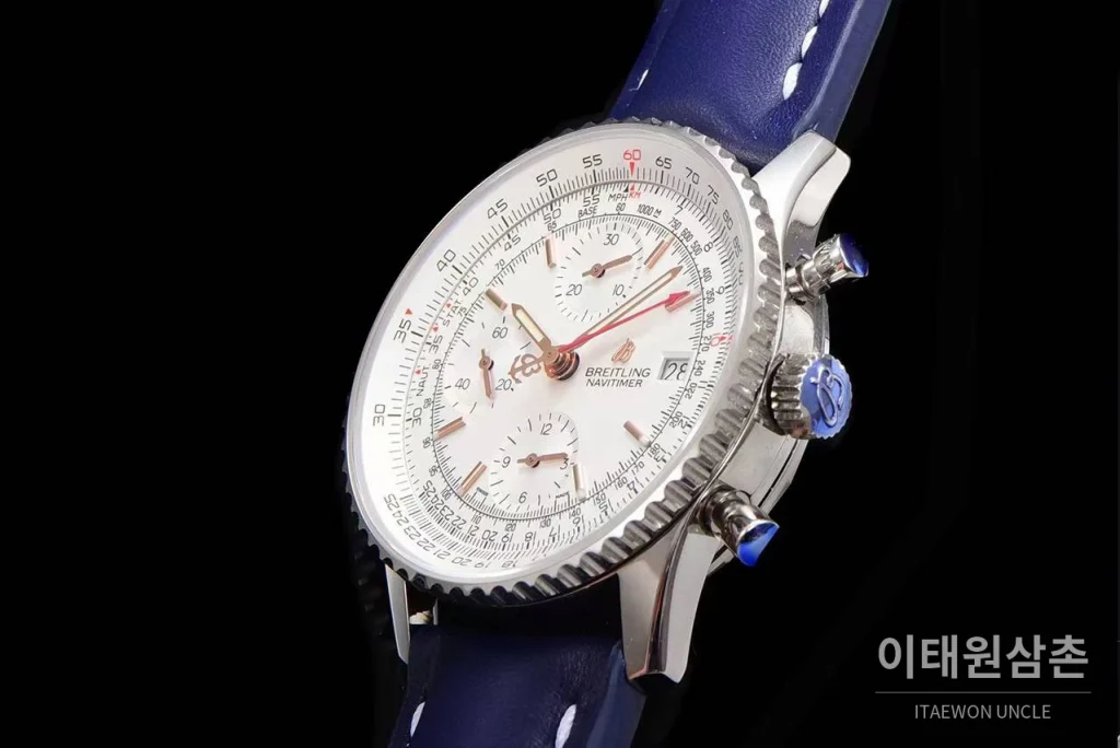 브라이틀링 내비타이머 1 스틸 블랙다이얼 크로노그래프 오토매틱 41mm 네이비 가죽 스트랩 실버 베젤 (2)