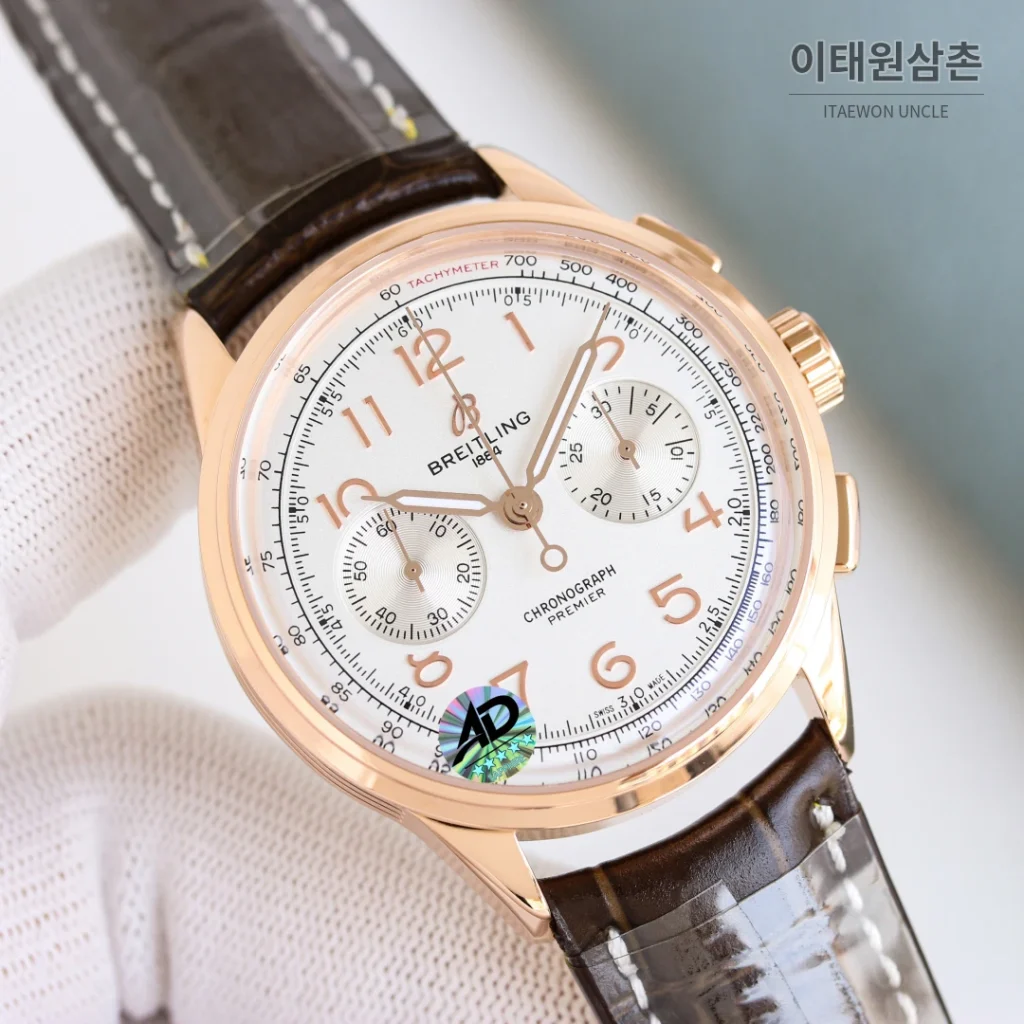 브라이틀링 프리미어 B01 크로노그래프 실버다이얼 오토매틱 42mm 브라운 가죽 스트랩