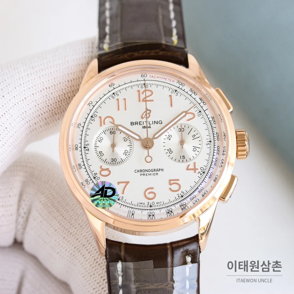 브라이틀링 프리미어 B01 크로노그래프 실버다이얼 오토매틱 42mm 브라운 가죽 스트랩