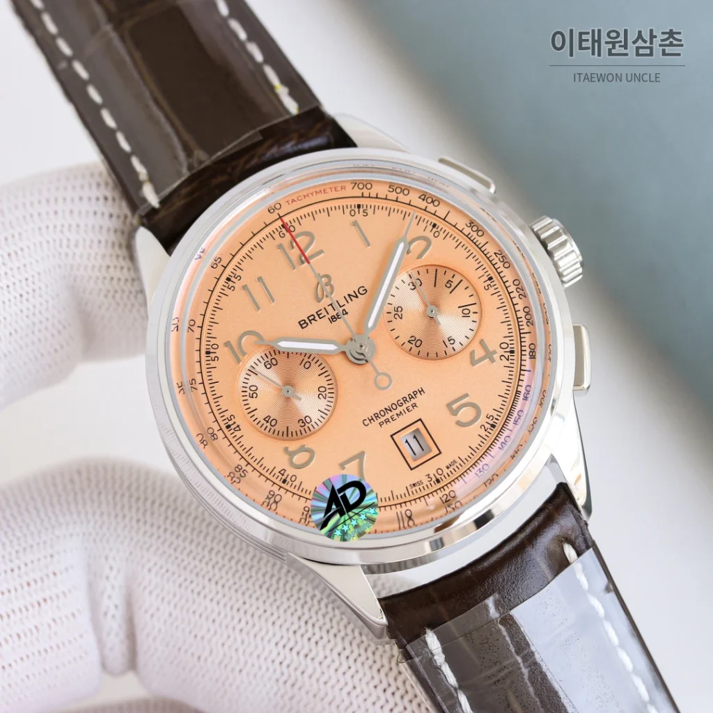 브라이틀링 프리미어 B01 크로노그래프 실버다이얼 오토매틱 42mm 브라운 가죽 스트랩