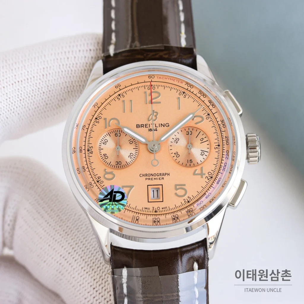 브라이틀링 프리미어 B01 크로노그래프 실버다이얼 오토매틱 42mm 브라운 가죽 스트랩