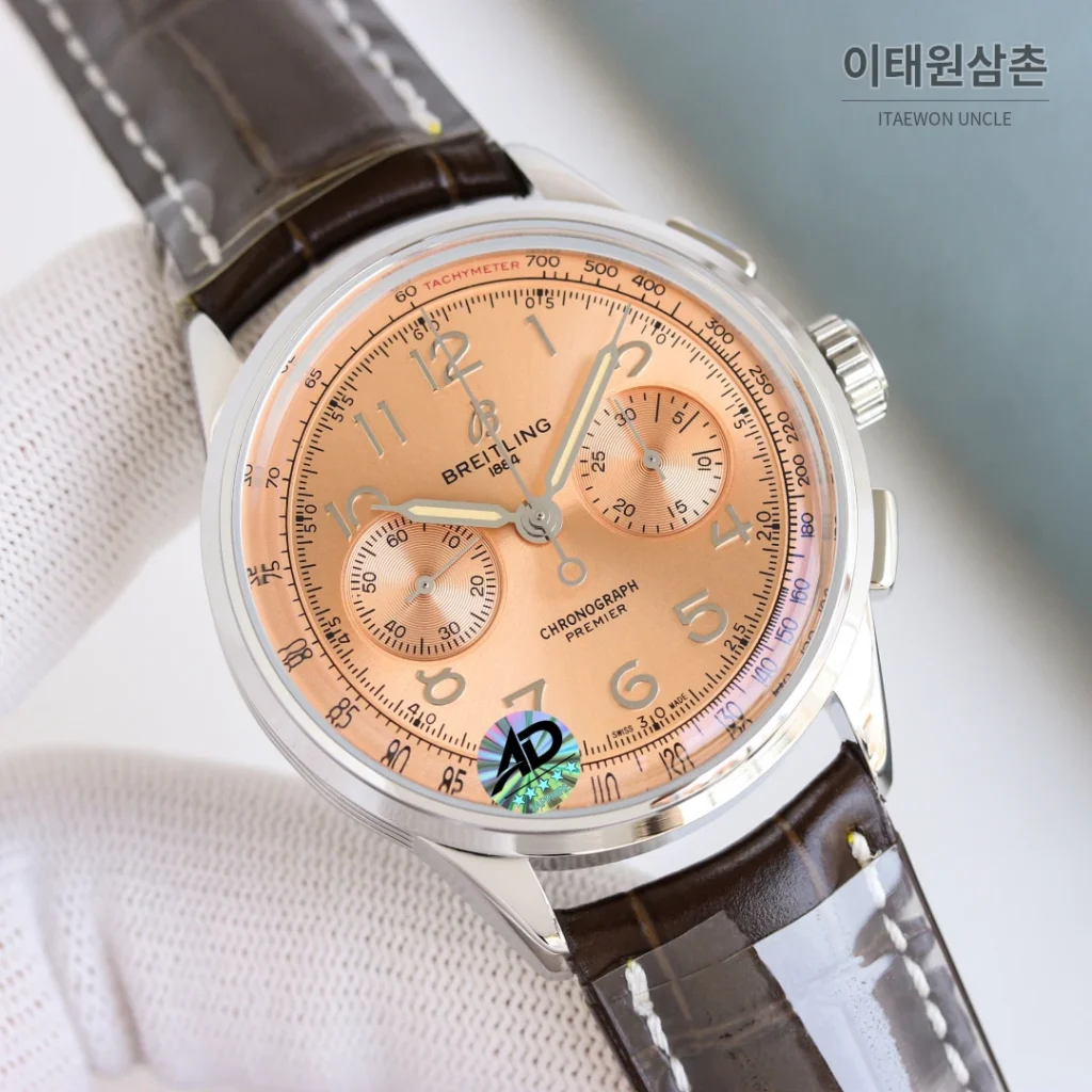 브라이틀링 프리미어 B01 크로노그래프 실버다이얼 오토매틱 42mm 브라운 가죽 스트랩