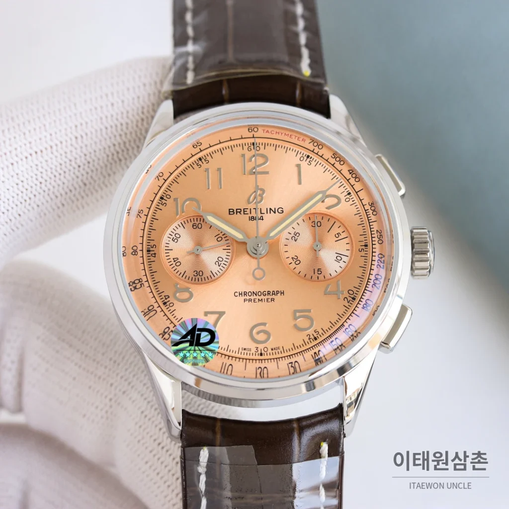 브라이틀링 프리미어 B01 크로노그래프 실버다이얼 오토매틱 42mm 브라운 가죽 스트랩