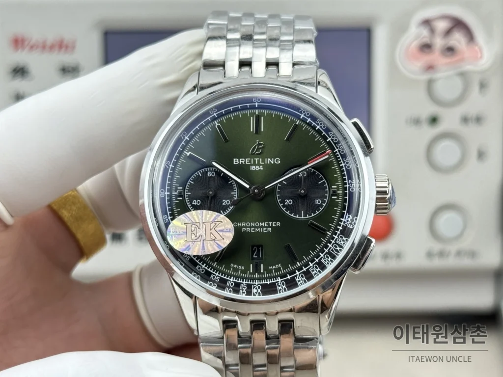브라이틀링 프리미에 B01 스틸 듀얼카운터 크로노그래프 오토매틱 42mm 그린 다이얼