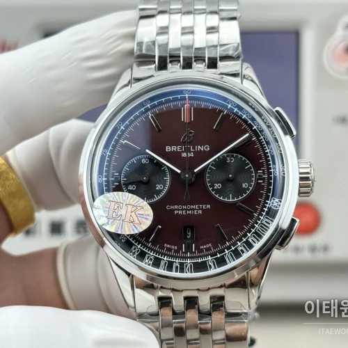 브라이틀링 프리미에 B01 스틸 듀얼카운터 크로노그래프 오토매틱 42mm 버건디 다이얼