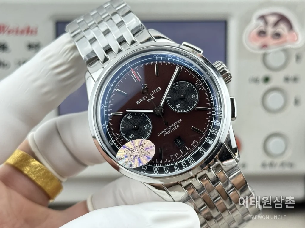 브라이틀링 프리미에 B01 스틸 듀얼카운터 크로노그래프 오토매틱 42mm 버건디 다이얼