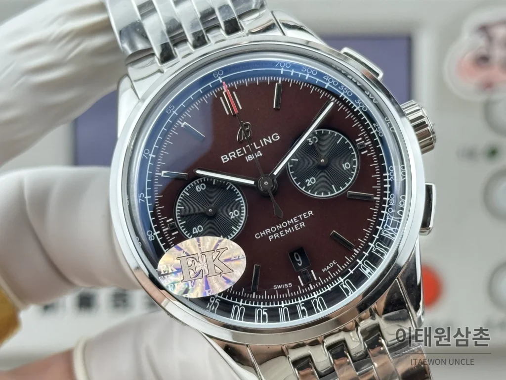 브라이틀링 프리미에 B01 스틸 듀얼카운터 크로노그래프 오토매틱 42mm 버건디 다이얼