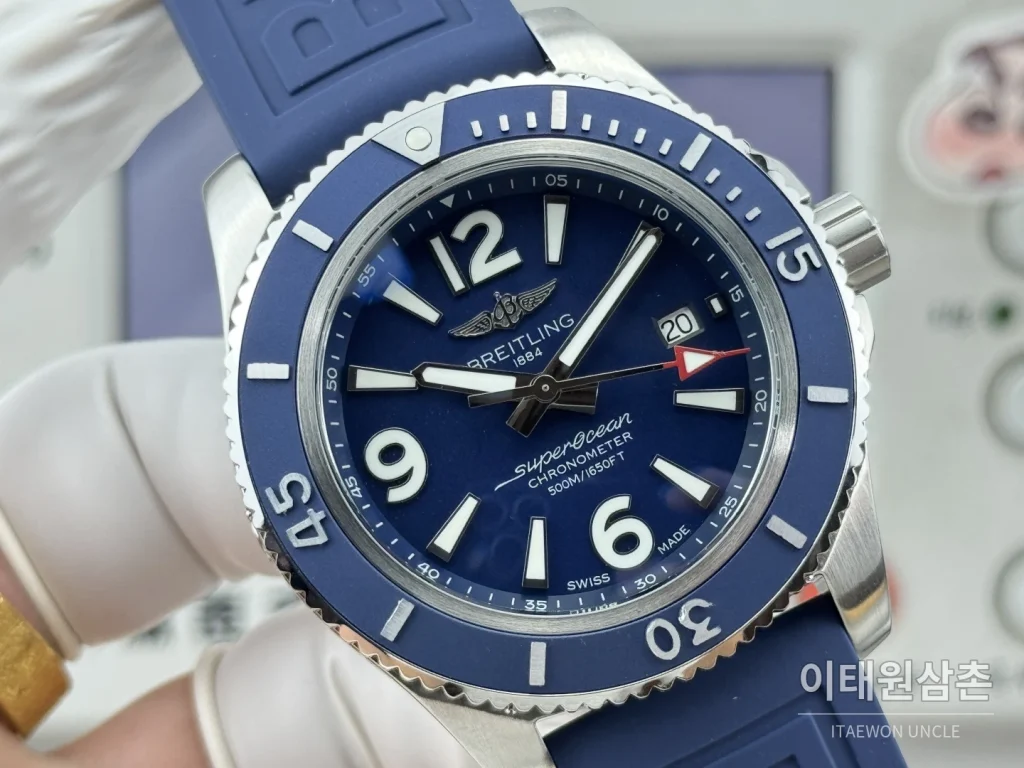 브라이틀링 슈퍼오션 316L 스틸 단방향베젤 오토메틱 네이비 다이얼