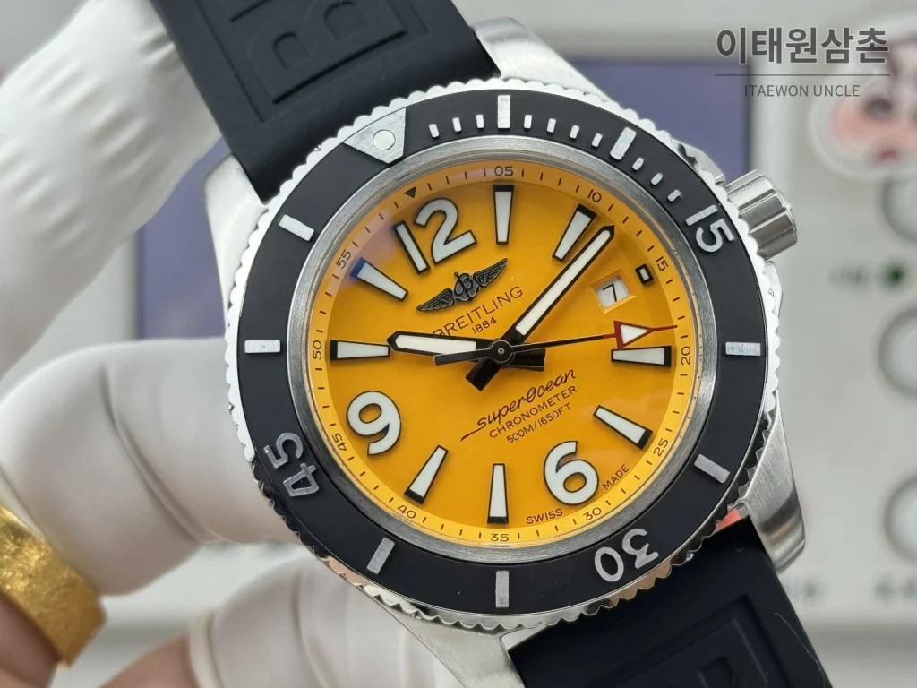 브라이틀링 슈퍼오션 316L 스틸 단방향베젤 오토메틱 오렌지 다이얼 (2)
