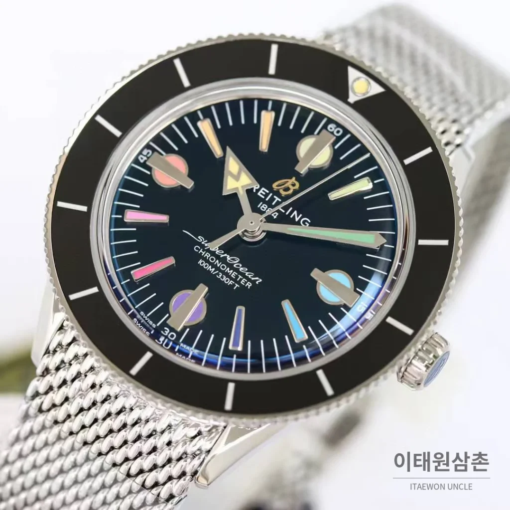 브라이틀링 슈퍼오션 헤리티지 57 빈티지 다이버 블랙다이얼 오토매틱 42mm 스틸 브레이슬릿 블랙 베젤 (2)