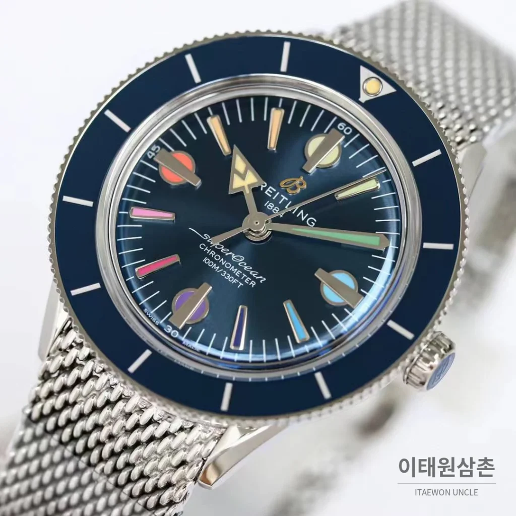 브라이틀링 슈퍼오션 헤리티지 57 빈티지 다이버 블랙다이얼 오토매틱 42mm 스틸 브레이슬릿 네이비 베젤 (2)