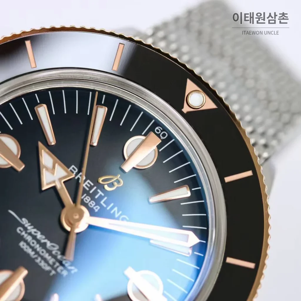 브라이틀링 슈퍼오션 헤리티지 57 빈티지 다이버 블랙다이얼 오토매틱 42mm 스틸 브레이슬릿 로즈골드 베젤