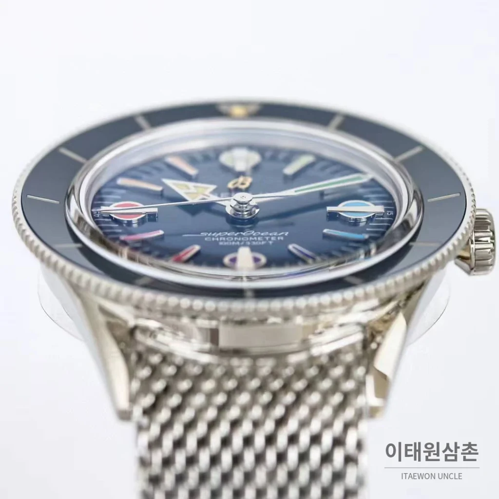 브라이틀링 슈퍼오션 헤리티지 57 빈티지 다이버 블랙다이얼 오토매틱 42mm 스틸 브레이슬릿 네이비 베젤 (2)
