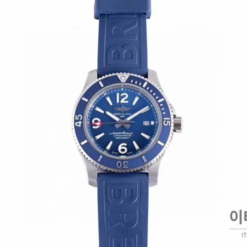 브라이틀링 슈퍼오션 스틸 블랙다이얼 다이버 오토매틱 42mm 블루 러버 스트랩 블루 베젤