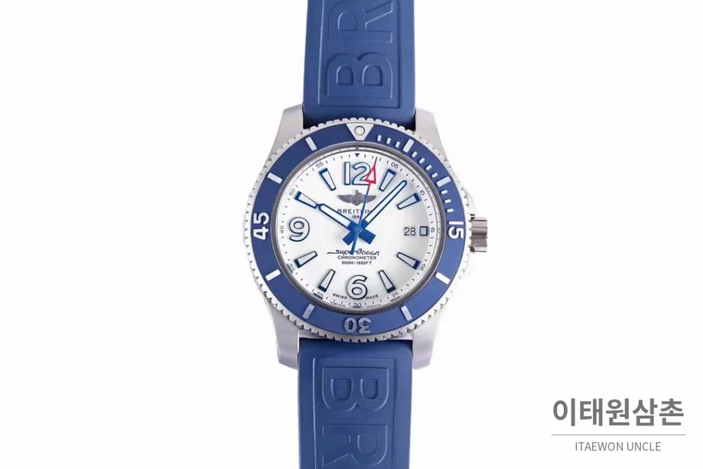 브라이틀링 슈퍼오션 스틸 블랙다이얼 다이버 오토매틱 42mm 블루 러버 스트랩 블루 베젤 (2)