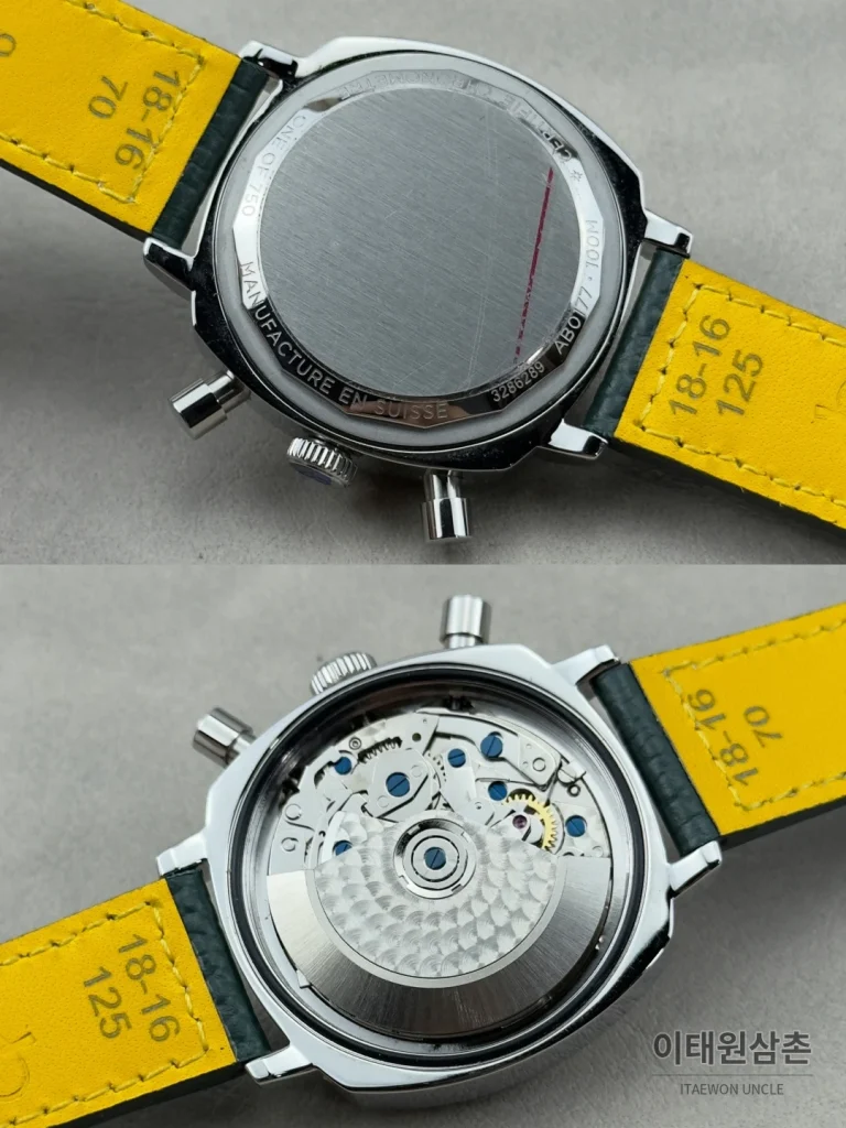브라이틀링 탑타임 B01 레이싱 가면라이더 리미티드 크로노그래프 오토매틱 38mm 그린 다이얼 그린 가죽 스트랩