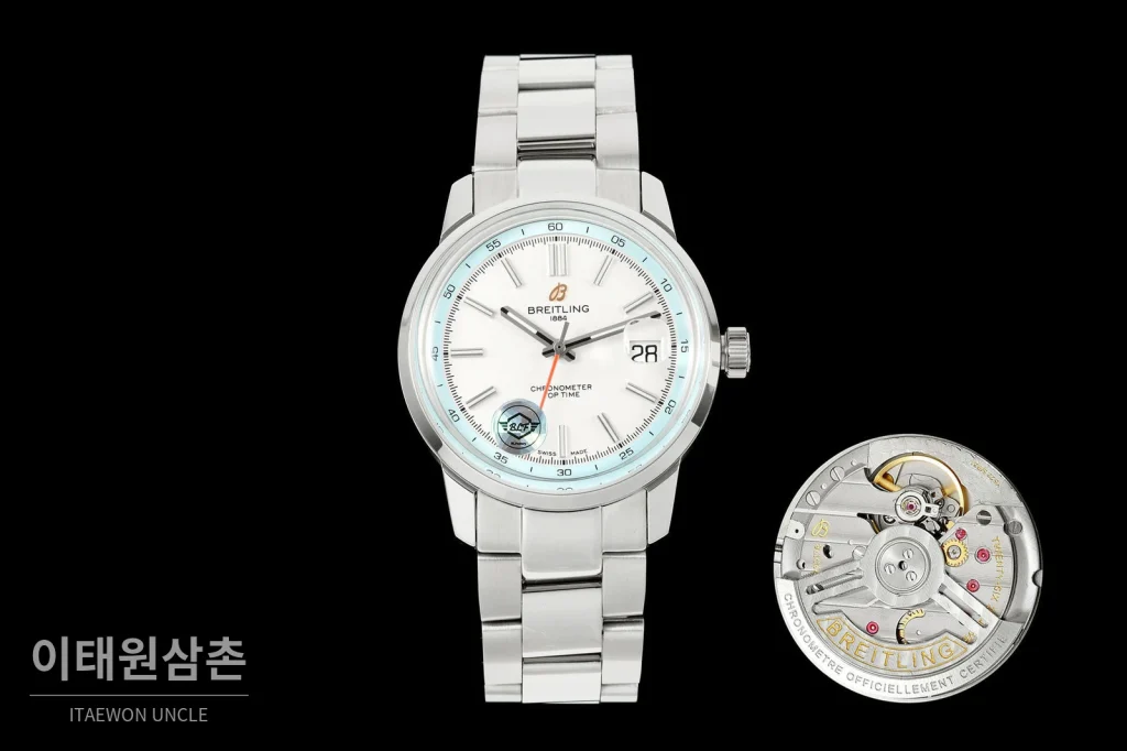 브라이틀링 탑타임 B31 브러시드케이스 레더스트랩 오토매틱 38mm 화이트 다이얼 (2)
