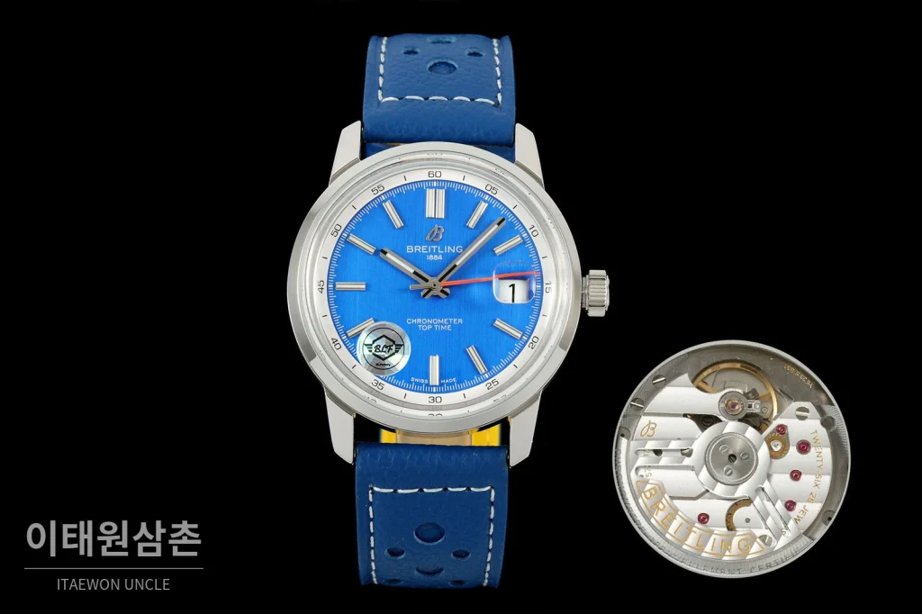 브라이틀링 탑타임 B31 브러시드케이스 레더스트랩 오토매틱 38mm 블루 다이얼