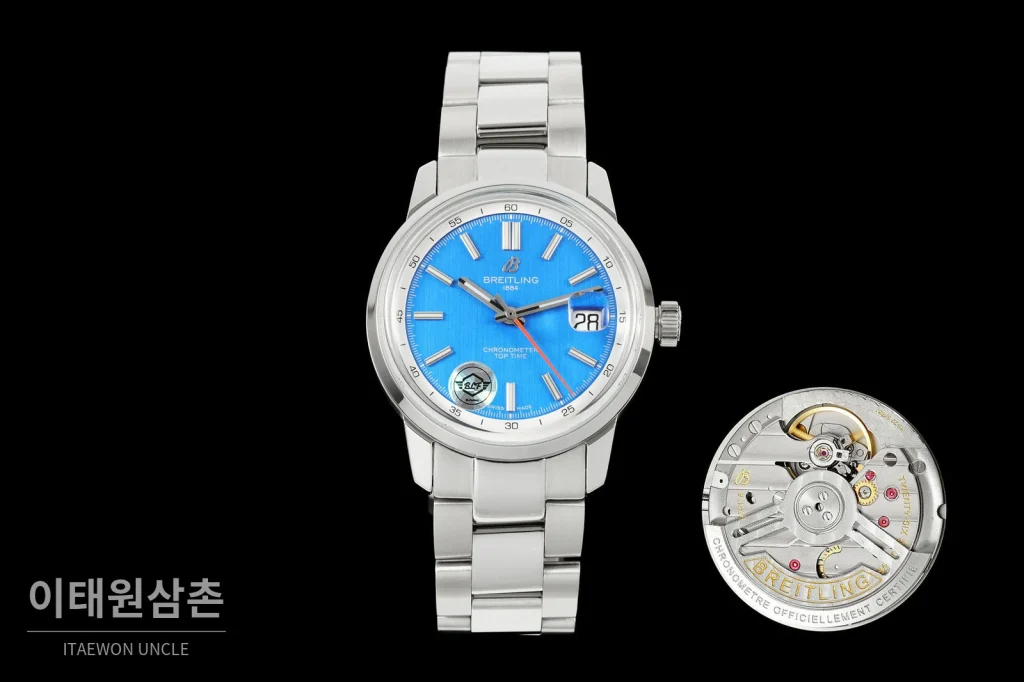 브라이틀링 탑타임 B31 브러시드케이스 레더스트랩 오토매틱 38mm 블루 다이얼 (2)