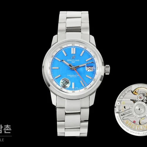 브라이틀링 탑타임 B31 브러시드케이스 레더스트랩 오토매틱 38mm 블루 다이얼 (2)