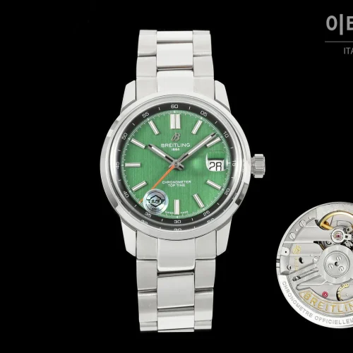 브라이틀링 탑타임 B31 브러시드케이스 레더스트랩 오토매틱 38mm 그린 다이얼 (2)