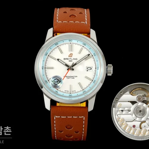 브라이틀링 탑타임 B31 브러시드케이스 레더스트랩 오토매틱 38mm 화이트 다이얼