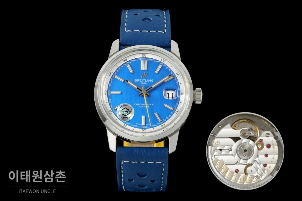 브라이틀링 탑타임 B31 브러시드케이스 레더스트랩 오토매틱 38mm 블루 다이얼 (3)