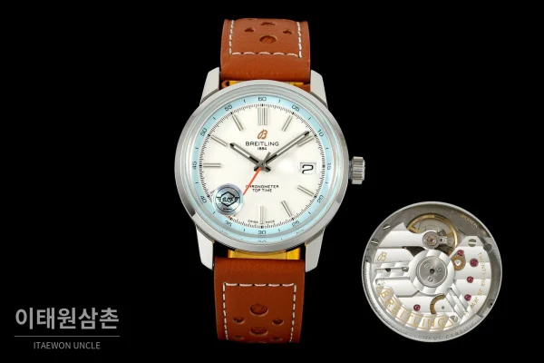 브라이틀링 탑타임 B31 브러시드케이스 레더스트랩 오토매틱 38mm 화이트 다이얼