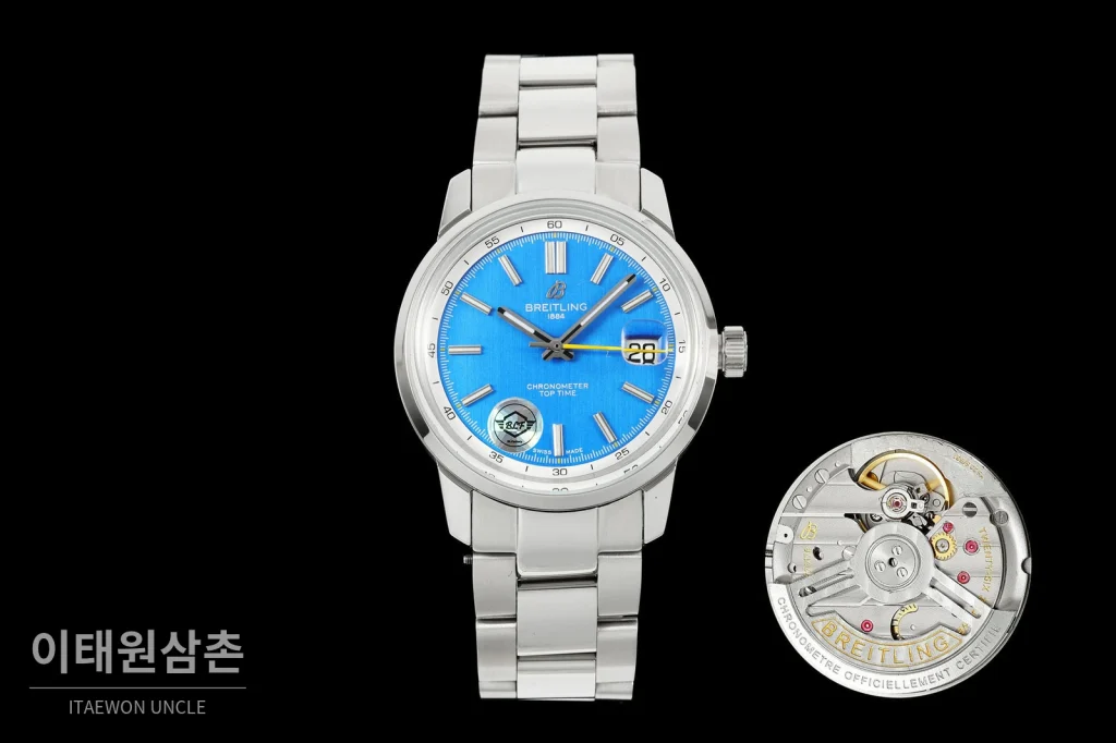 브라이틀링 탑타임 B31 브러시드케이스 레더스트랩 오토매틱 38mm 블루 다이얼 (4)