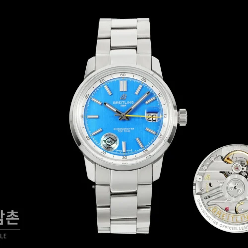 브라이틀링 탑타임 B31 브러시드케이스 레더스트랩 오토매틱 38mm 블루 다이얼 (4)