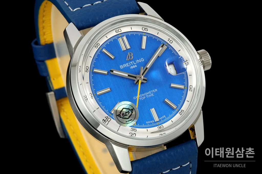 브라이틀링 탑타임 B31 브러시드케이스 레더스트랩 오토매틱 38mm 블루 다이얼 (3)