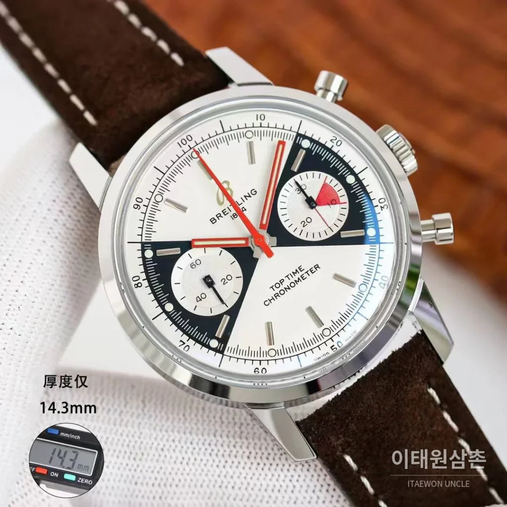브라이틀링 탑타임 스틸 조로다이얼 크로노그래프 오토매틱 41mm 브라운 가죽 스트랩